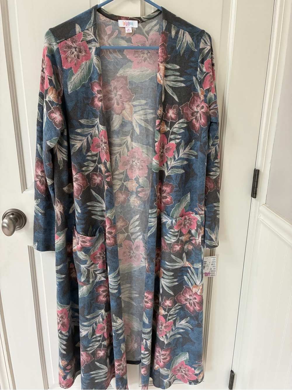 LuLaRoe Sarah Floral Open-Front Long Cardigan - Blue & Pink M